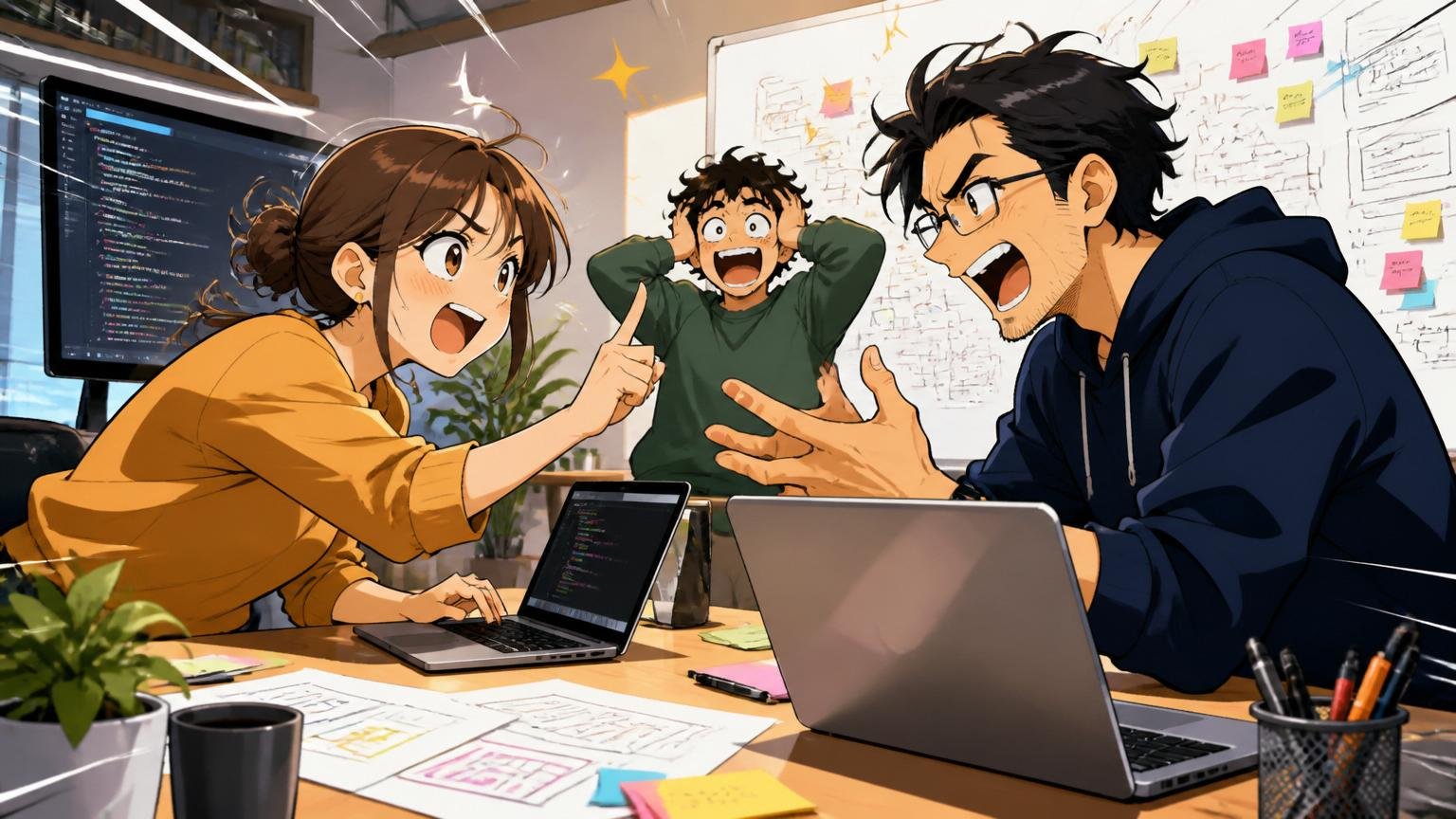 Web系スタートアップのオフィス。20代後半の女性エンジニアと30代男性CTO2人。少人数で議論する熱気と裁量の大きさをオーバーリアクションで表現
