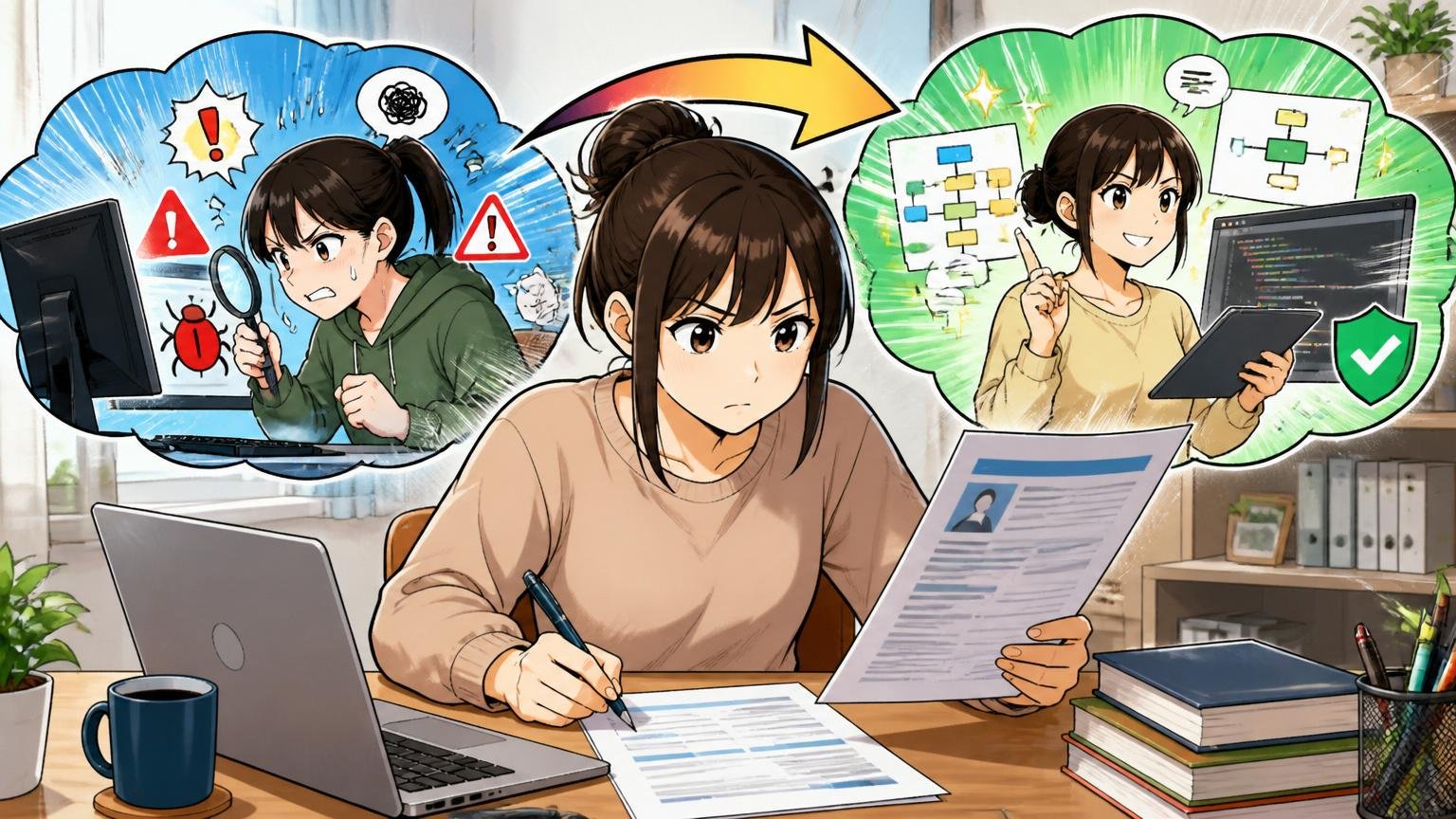 テスト経験者を品質視点を持つ開発者に翻訳する方法、自宅のデスクで職務経歴書を書き直す30代女性エンジニア1人、集中した真剣な表情