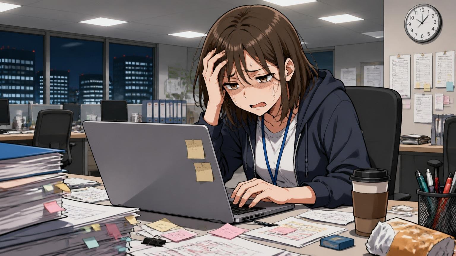 深夜のエムスリーオフィスでパソコンに向かう疲弊した30代女性エンジニア、デスクには散らかった書類