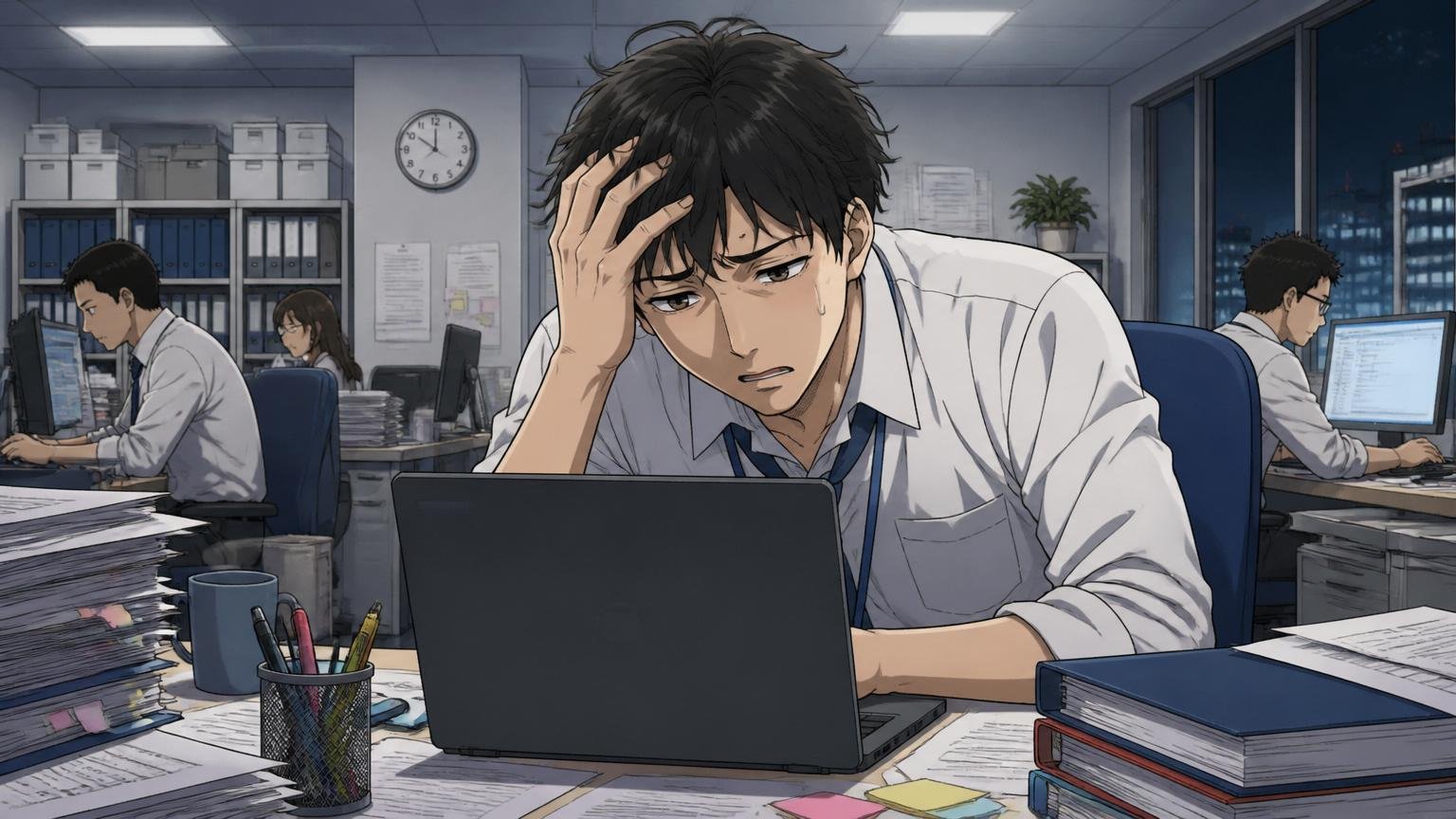 深夜のオフィスで一人パソコンに向かい疲れた表情で頭を抱える業務系SE男性