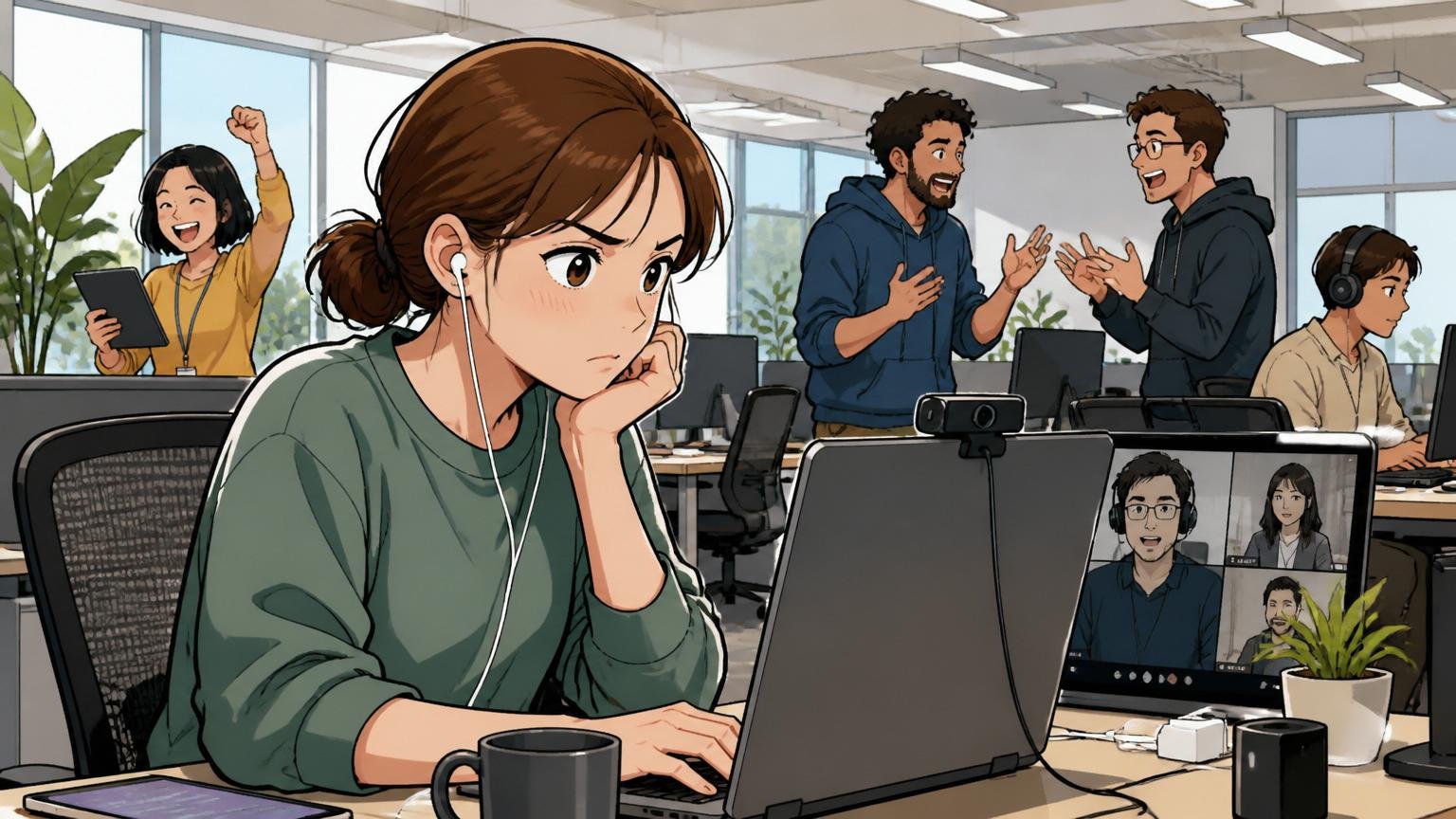 外資テック（Amazon／AWS／Adobe／Fastly等）。外資系テック企業の英語が飛び交うフロアで、30代女性エンジニアがオンライン会議に集中して向き合っている