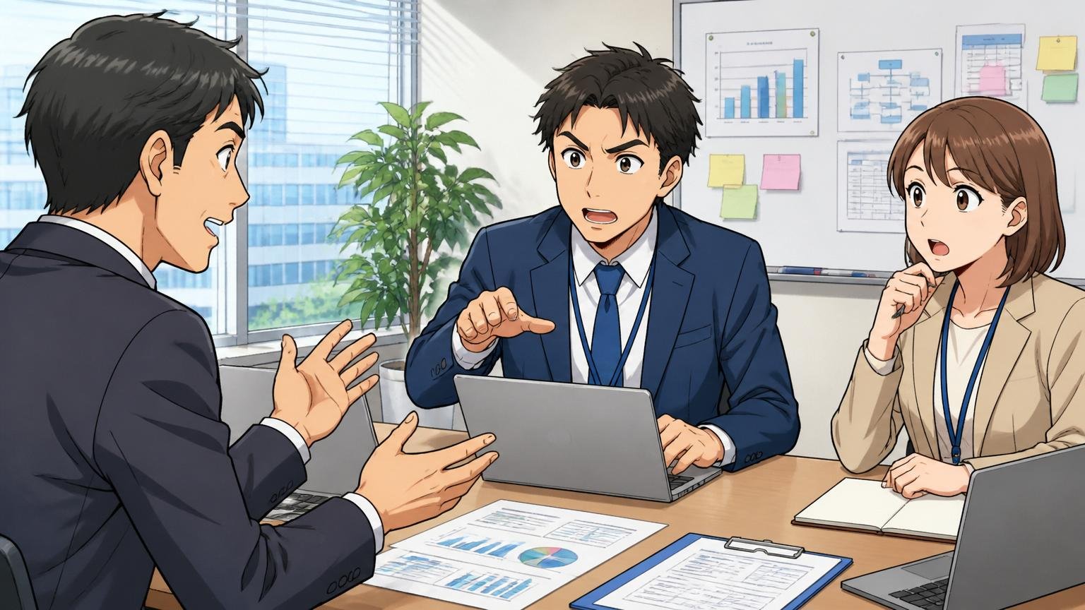 事業会社の情報システム部門で働く社内SE｜中堅メーカーの本社オフィスでベンダーと打ち合わせする30代後半男性社内SEと女性総務担当