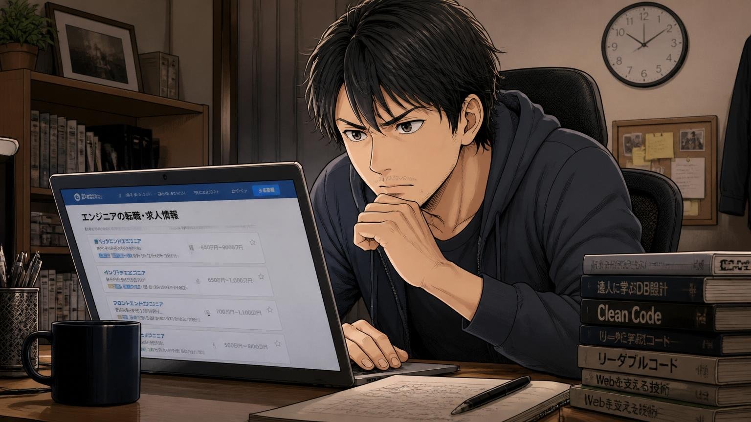 自宅のデスクで深夜に転職サイトを開いて画面を見つめる30代男性エンジニア1人、決意の表情