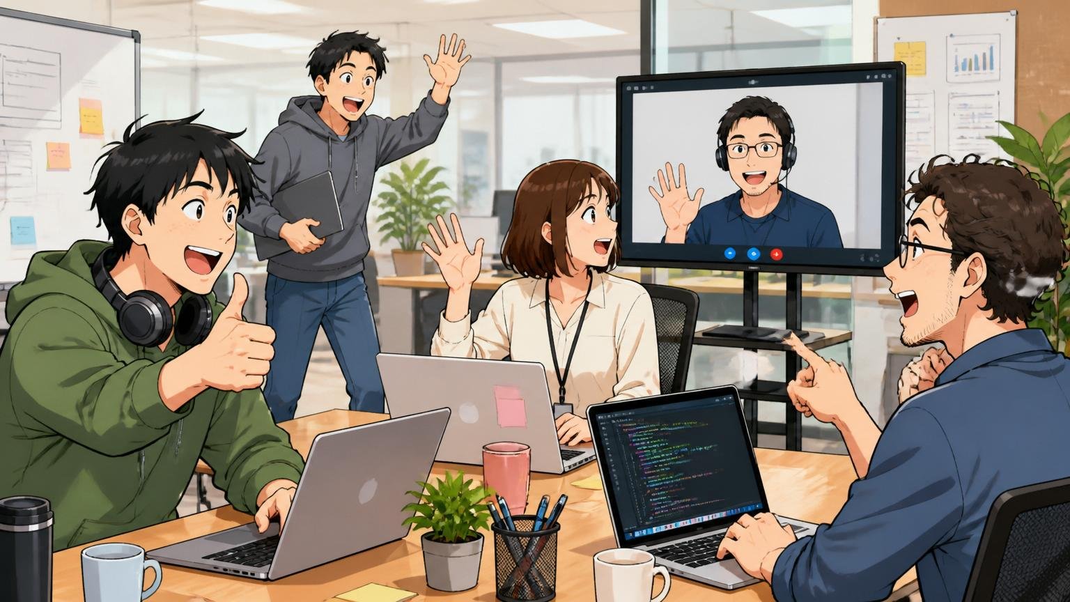 外資系IT企業のオープンスペースで在宅勤務とオフィス勤務が混在する社員4人の風景