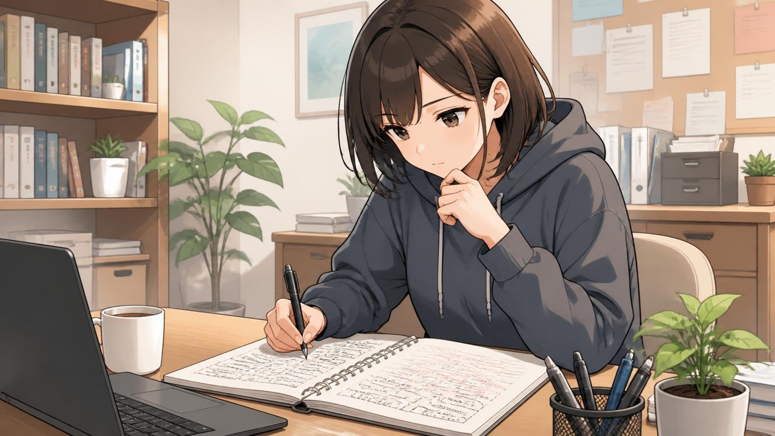 自宅のデスクでノートに自己分析を書き出す20代の女性エンジニア1人。真剣に過去を棚卸しする静かな表情