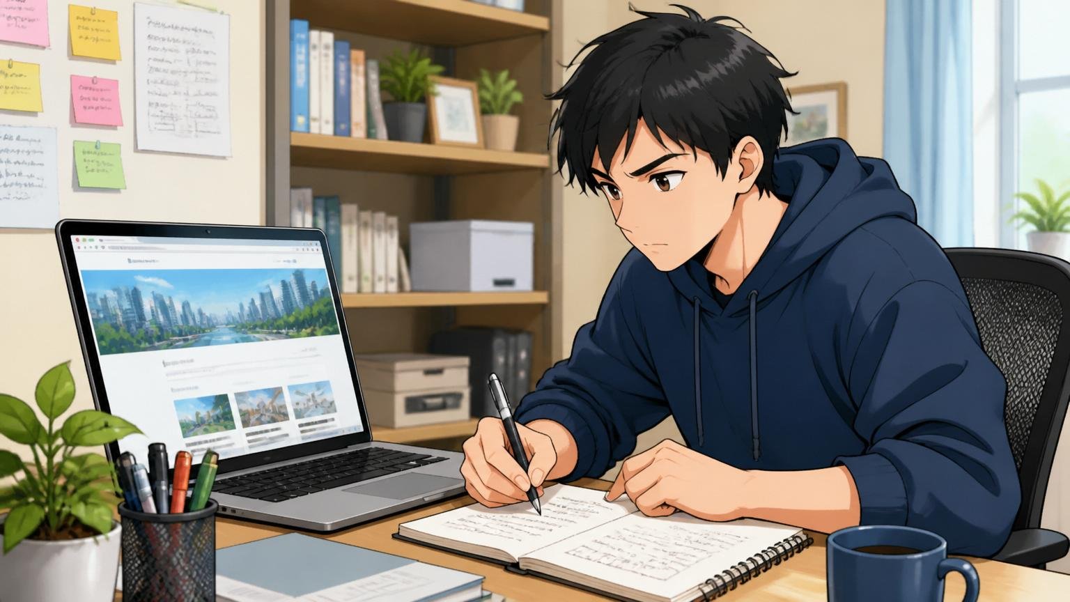 自宅のデスクで在宅勤務のエンジニア1人がPCで企業ホームページを見ながらノートにメモを取る姿勢
