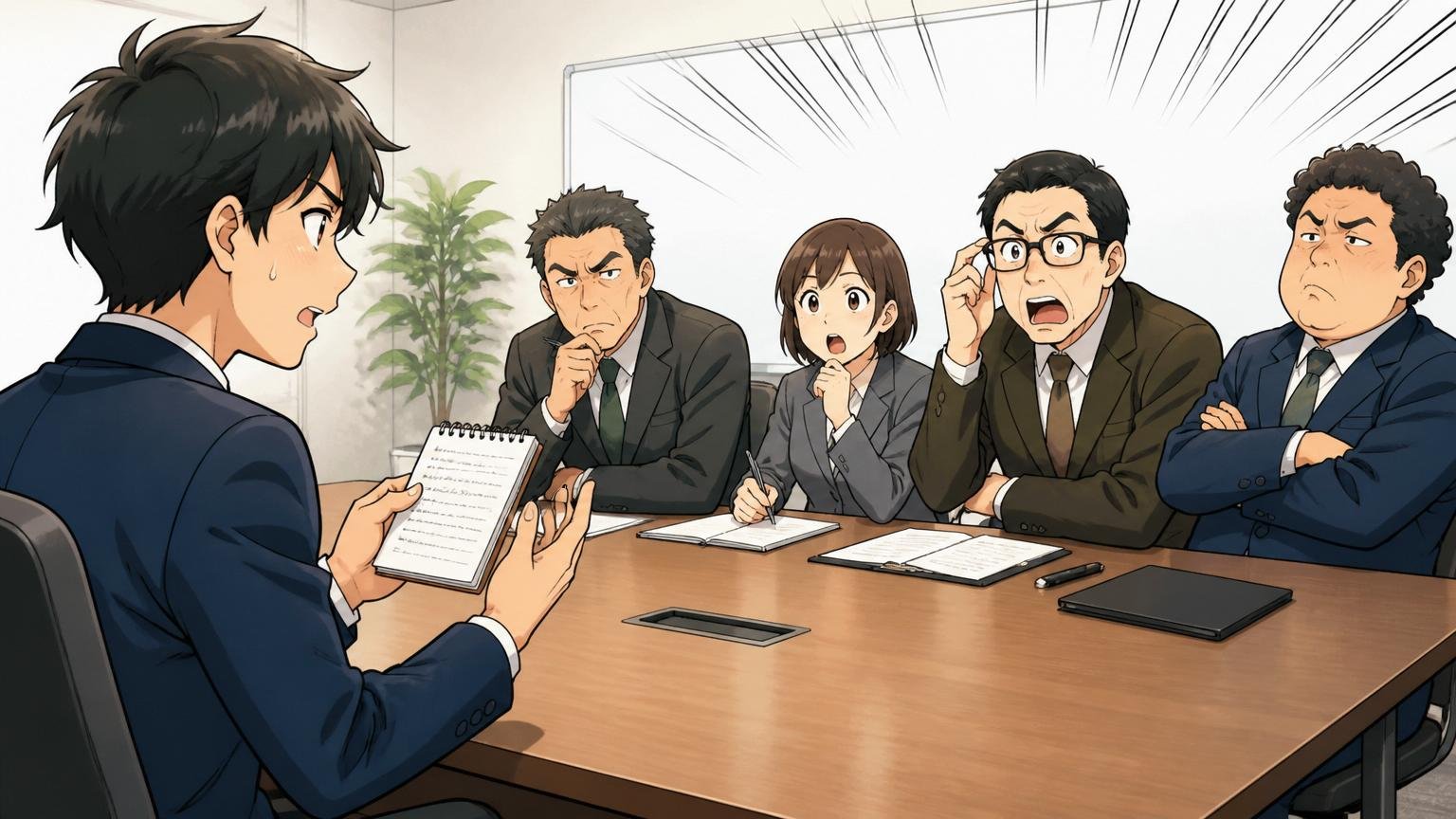 面接でよく聞かれるテーマと見られているポイント。企業の会議室で面接、応募者1人が手元のメモを見ながら真剣に答える