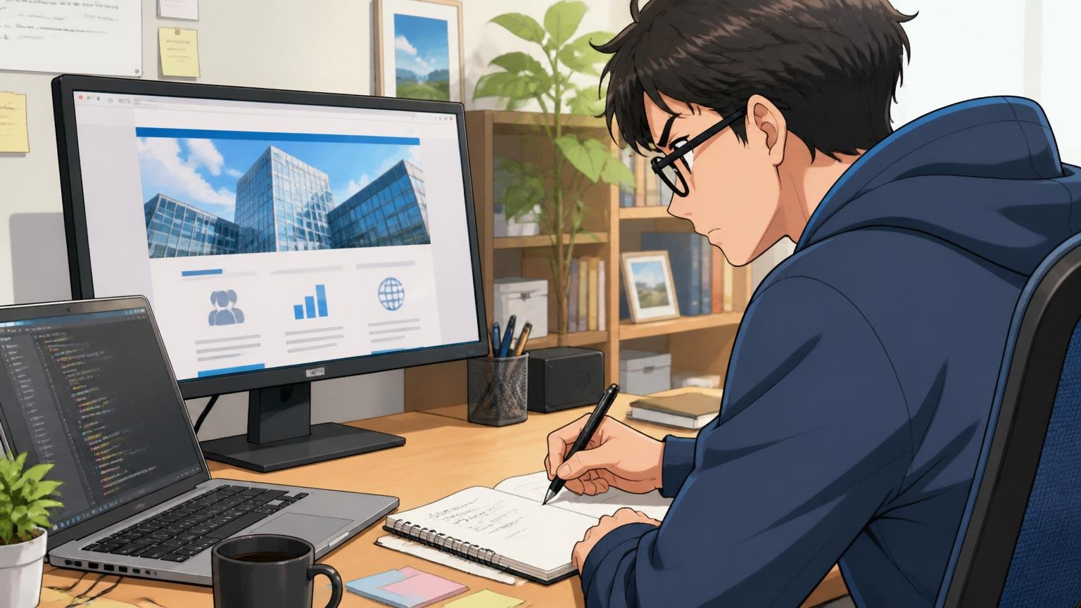 自宅のデスクで在宅勤務中のITエンジニア1名がパソコン画面の企業サイトを真剣に見つめてメモを取る