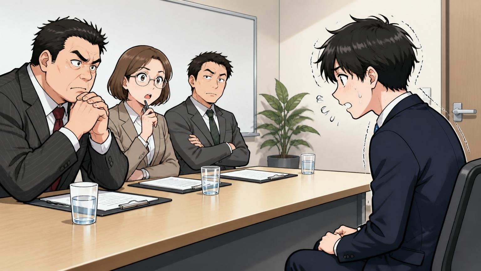 企業の会議室で面接官と応募者が向き合うが応募者の声が小さく緊張している様子