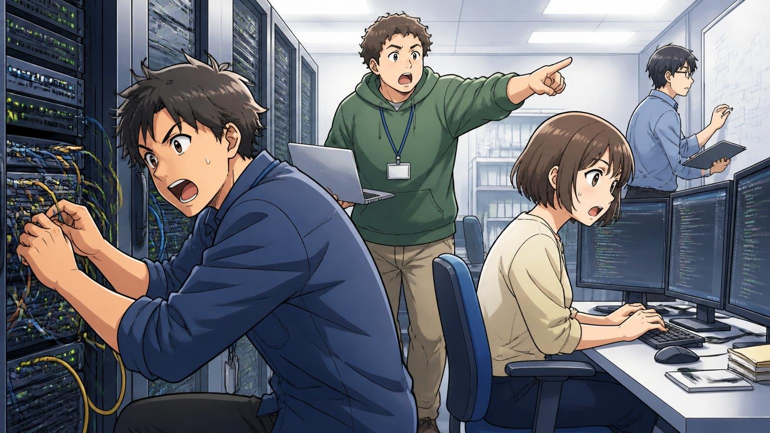 SIerの開発現場で複数のエンジニアがサーバーラックとPCを行き来する