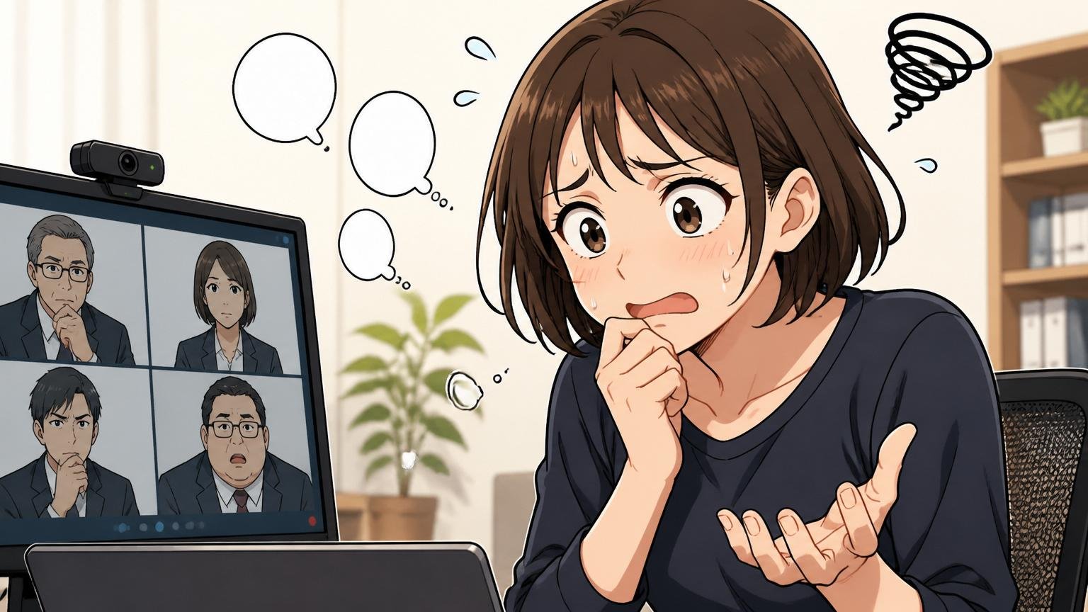 オンライン面接画面で論理的に話せず焦って言葉が詰まる30代女性エンジニアの様子