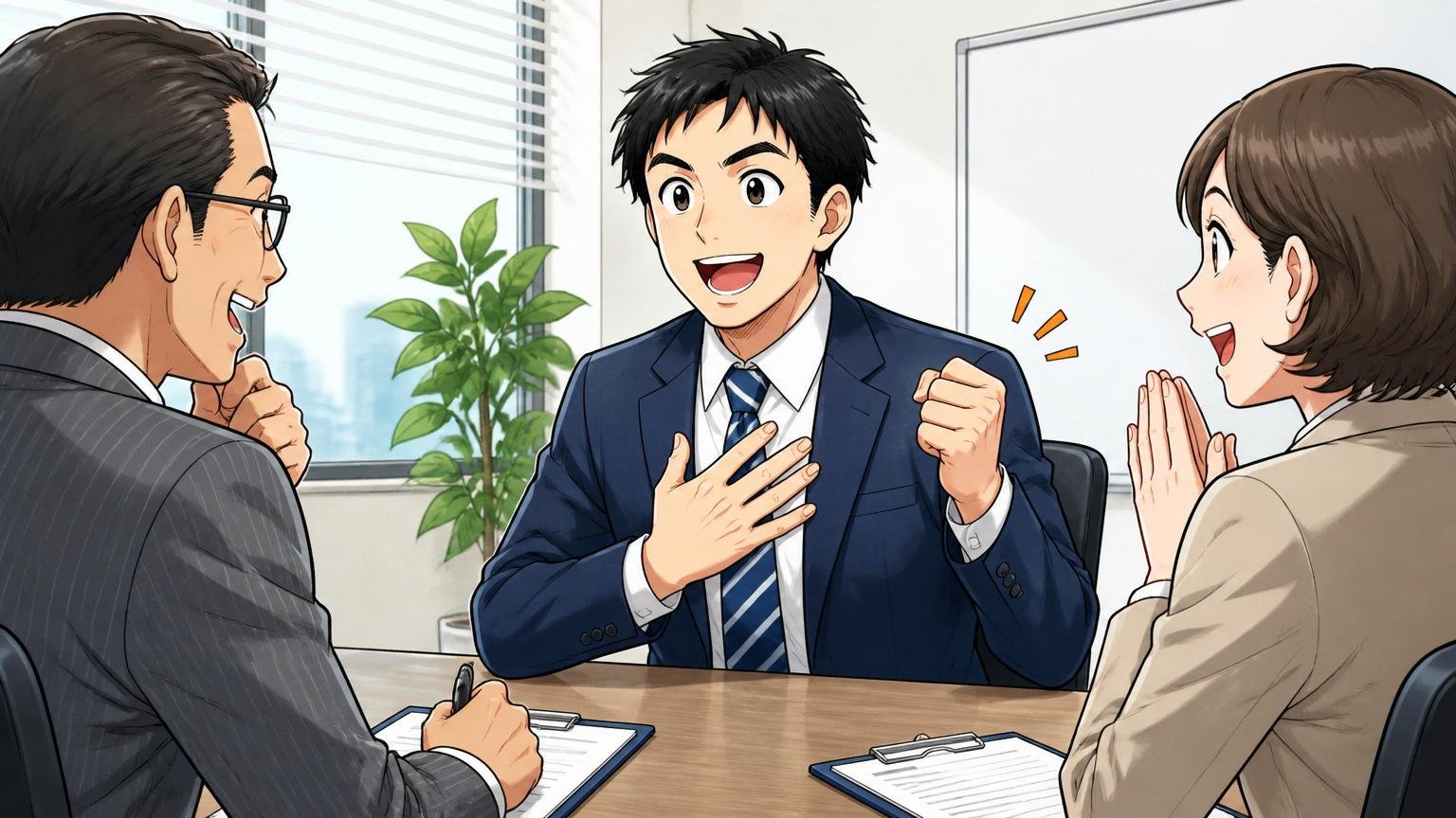 愛嬌・素直さ・しつこさという人間力の評価軸 / 企業の会議室で面接を受ける30代男性1人と面接官2人、和やかな表情で会話する場面