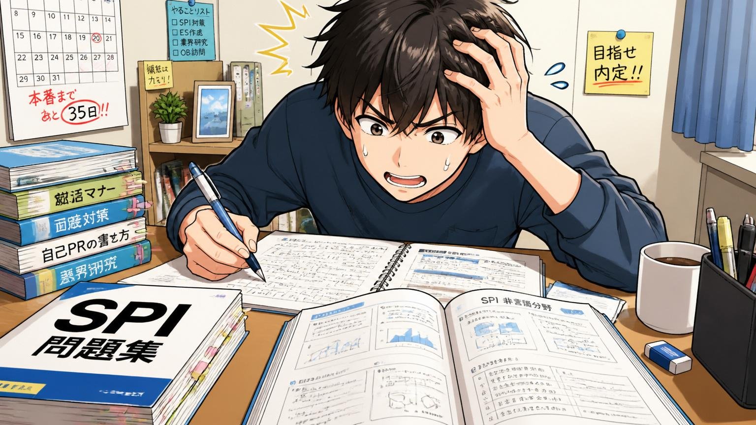 自宅のデスクでSPI問題集とノートを広げて勉強している就活生の机の上の様子