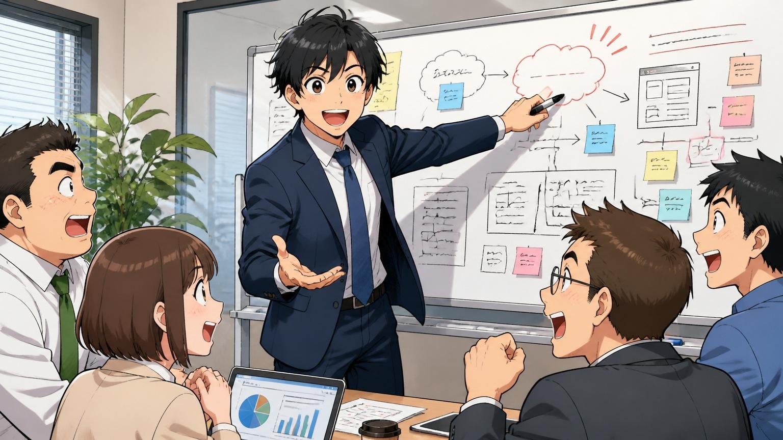 企業の打ち合わせスペースで顧客の課題をホワイトボードに書き出しながら笑顔で提案するスーツ姿のエンジニア