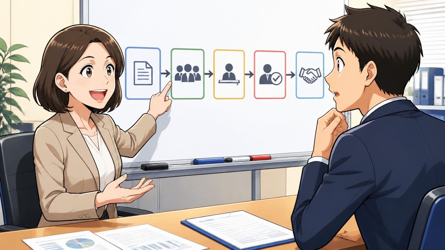 企業のオフィスで選考フローのフローチャートを指さしながら説明する40代女性人事担当者と若手転職希望者