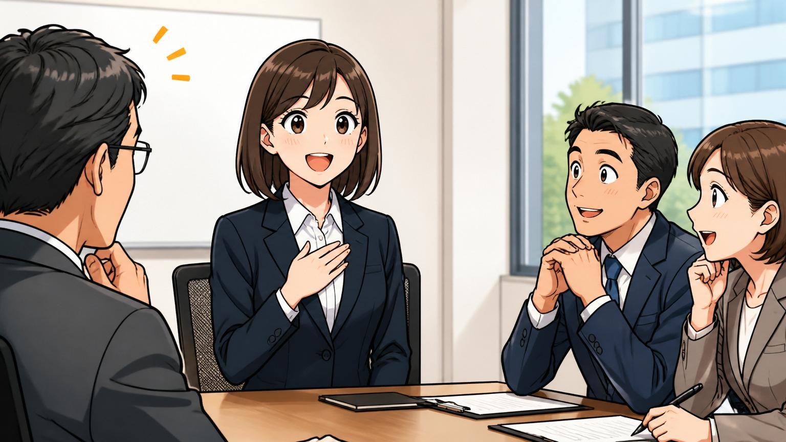 企業の会議室で笑顔ではきはきと自己紹介する20代女性応募者と頷く面接官の場面