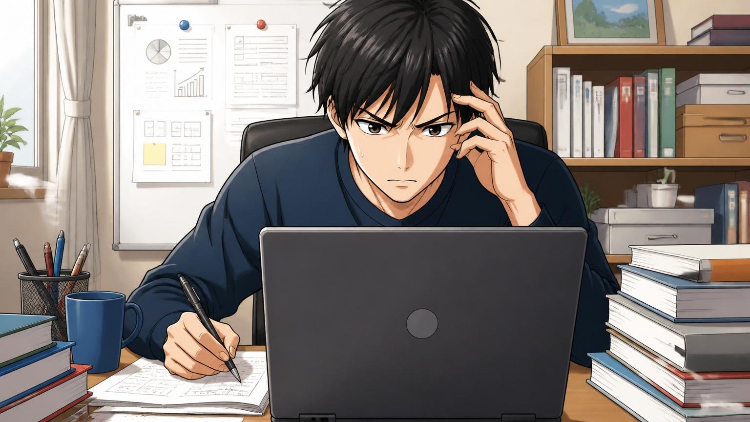 適性検査（SPI／TAL）で落ちる人の特徴。自宅のデスクでパソコンに向かい適性検査を解く真剣な表情のエンジニア1人