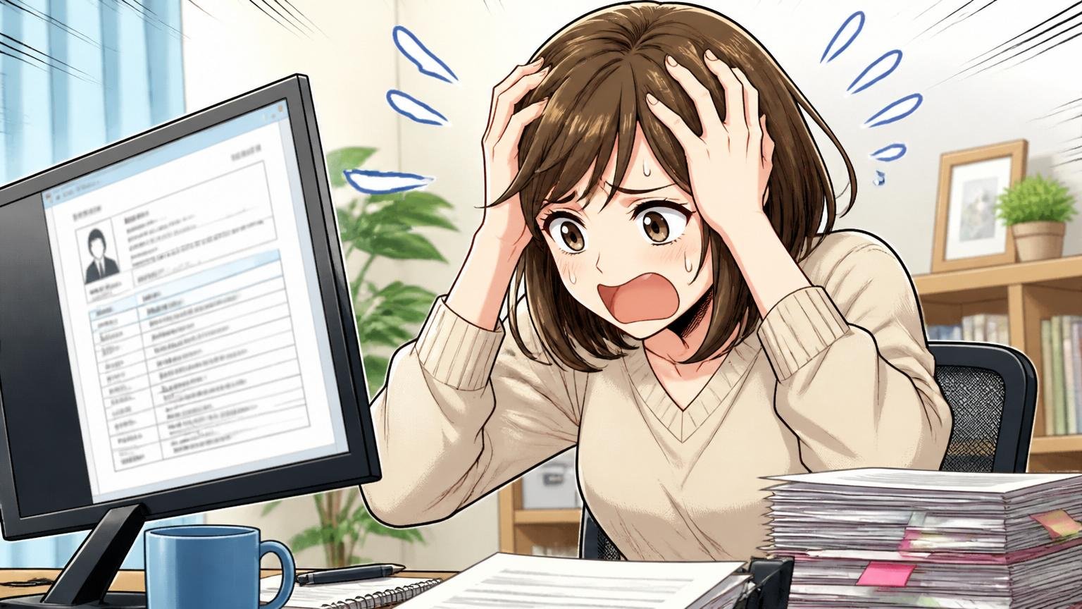 自宅のデスクで在宅勤務中の30代女性、職務経歴書を画面に表示しながら頭を抱える表情