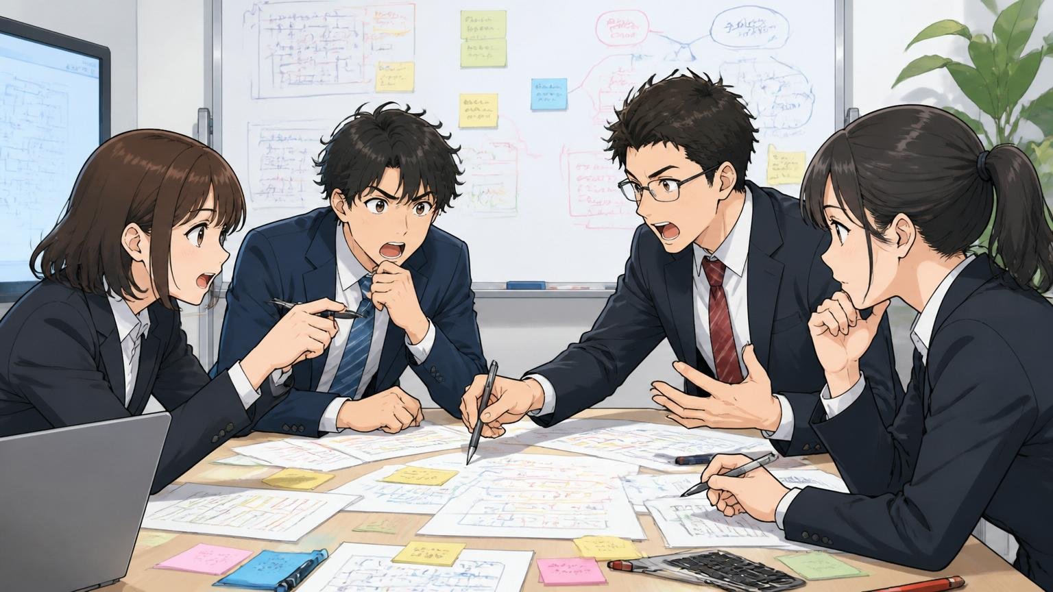 落ちやすい段階はWebテスト・グループワーク・面接の3つ、IT企業の会議室でグループワーク中、就活生4人が真剣に議論する