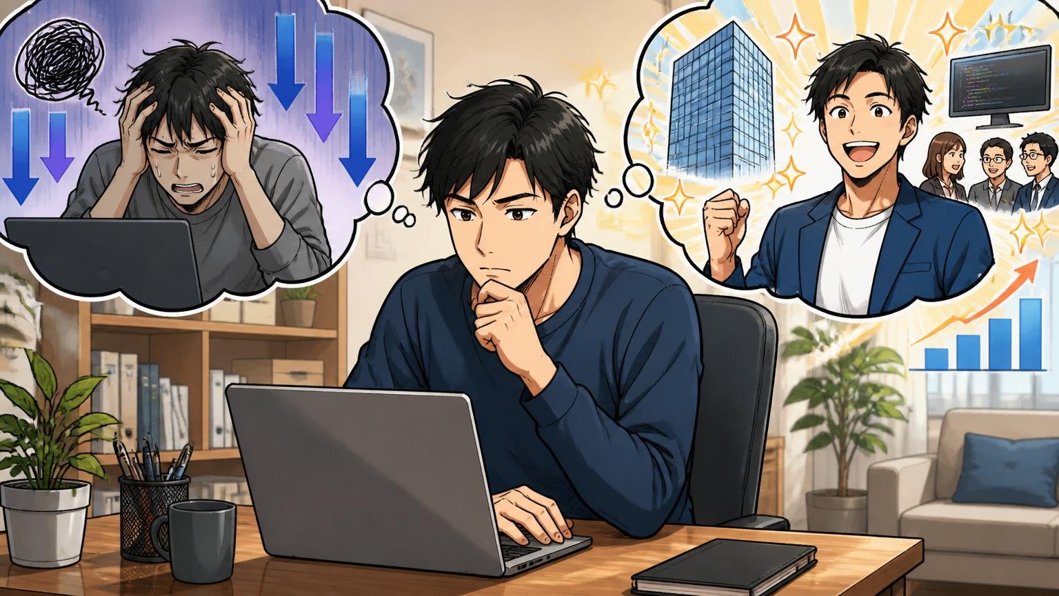 落ちた＝自分の市場価値が低いではない理由／自宅のデスクで在宅勤務／30代エンジニアが1人／落ち着いて求人サイトを見る場面