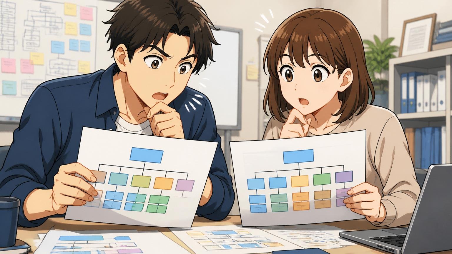 NTTデータグループの組織図を見比べる転職検討中の男女エンジニア