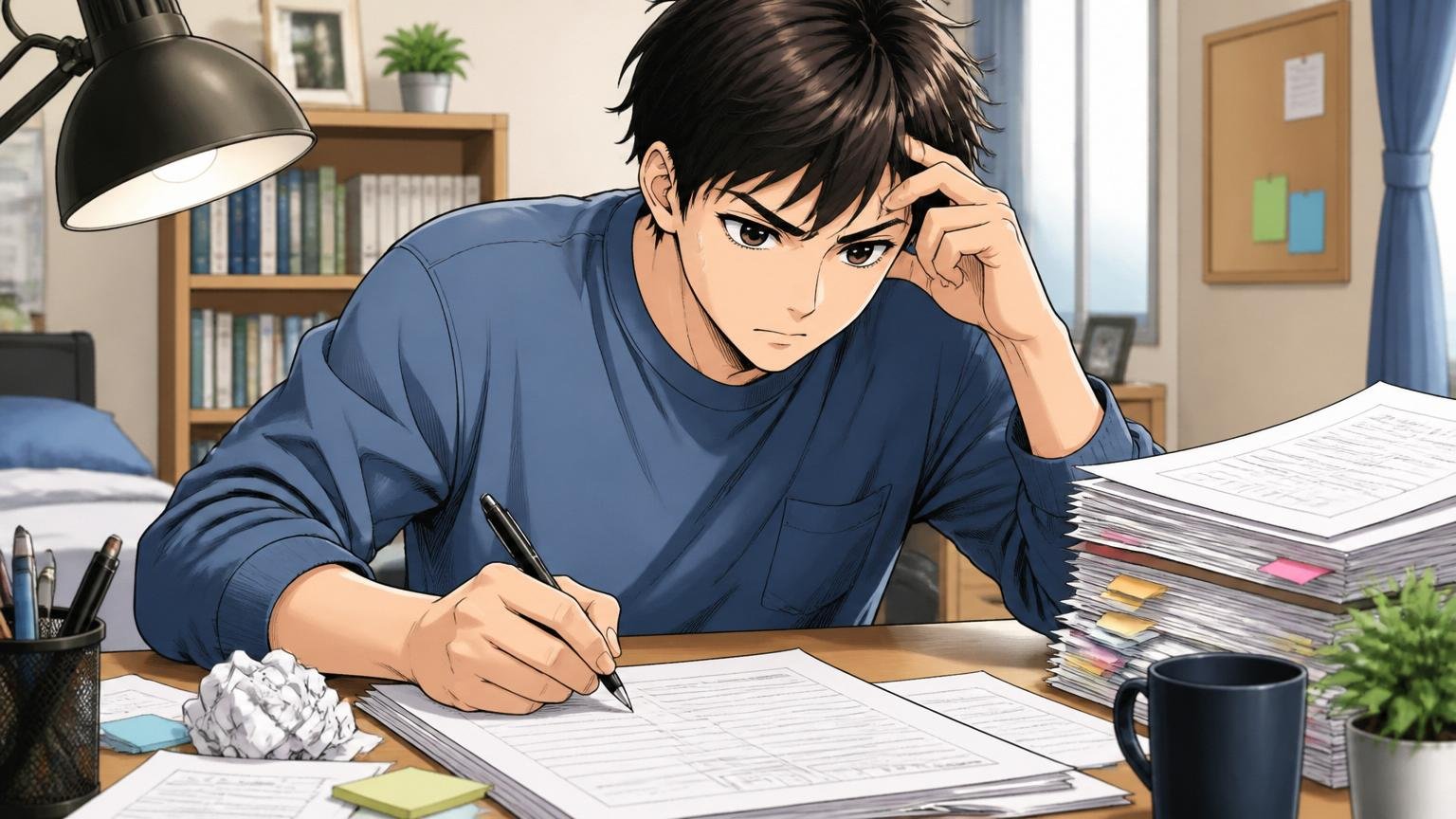 自宅のデスクでエントリーシートを書き直す20代男性、書類選考対策、1人