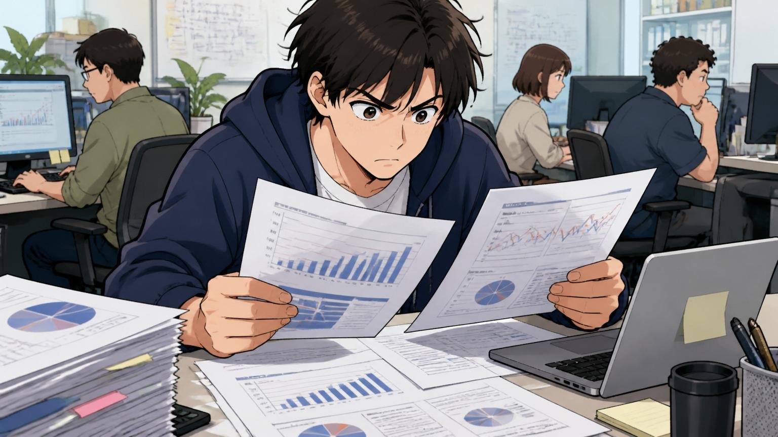 Web系企業のデスクで決算資料やIR資料をプリントアウトして読み込むエンジニア、真剣な表情で勉強している様子