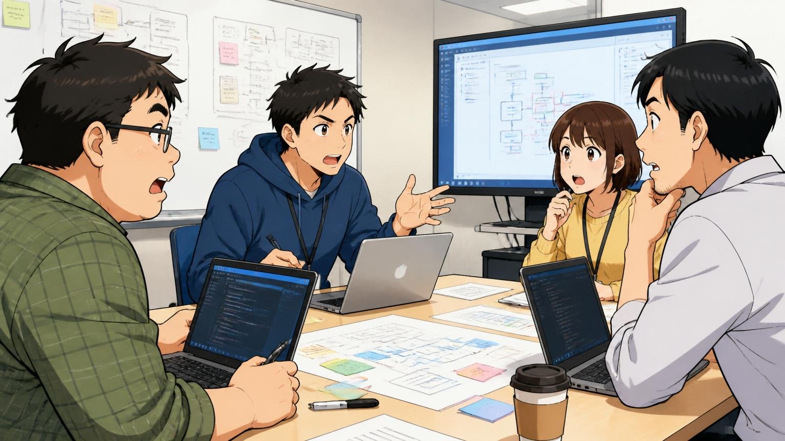 客先常駐エンジニアの働き方。SIerの開発現場で常駐先の会議室にエンジニア4人が打ち合わせ
