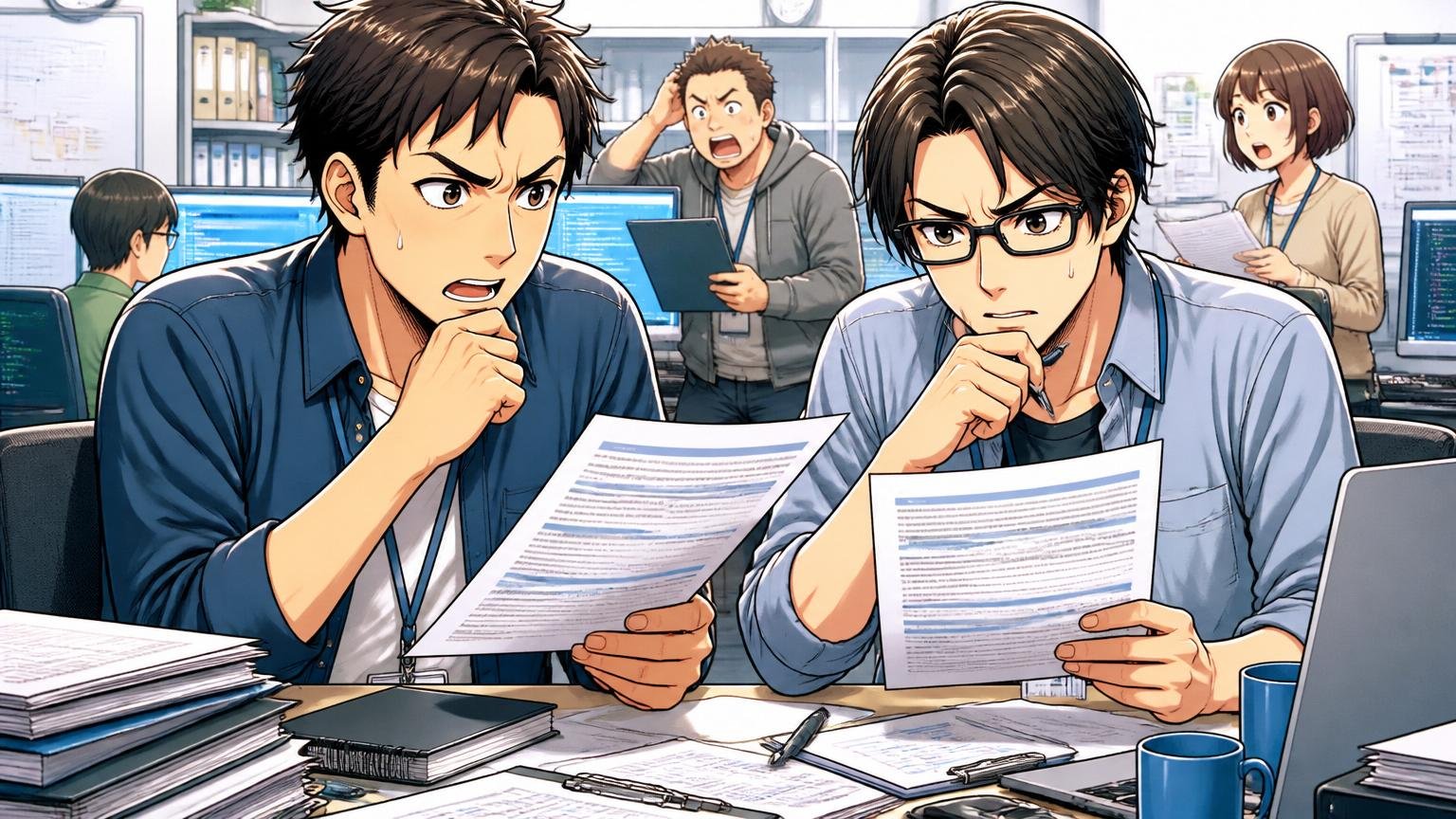 中途採用倍率は推定30倍。書類・一次・最終で段階的に絞り込まれる。SIerの開発現場で職務経歴書を見直す30代エンジニアが真剣な表情をしている2人