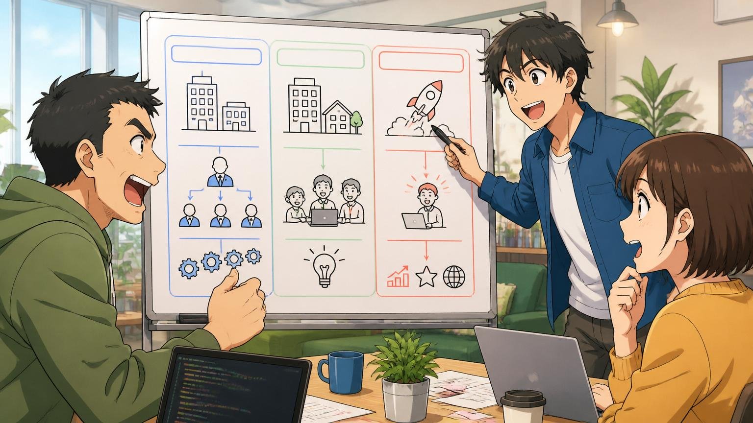 ユーザー系SIerと独立系・自社開発の違い。Web系スタートアップのオフィスで3人。図解を指差して比較