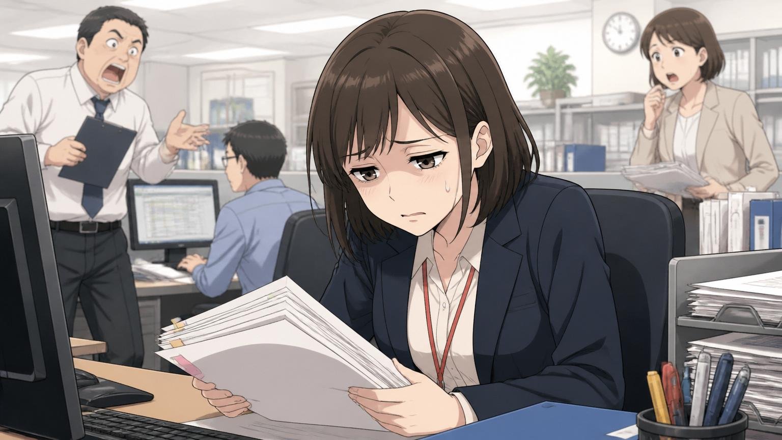 日立製作所の事務系オフィスで中途入社の女性社員1人が席で資料を抱え疲れた表情を見せる