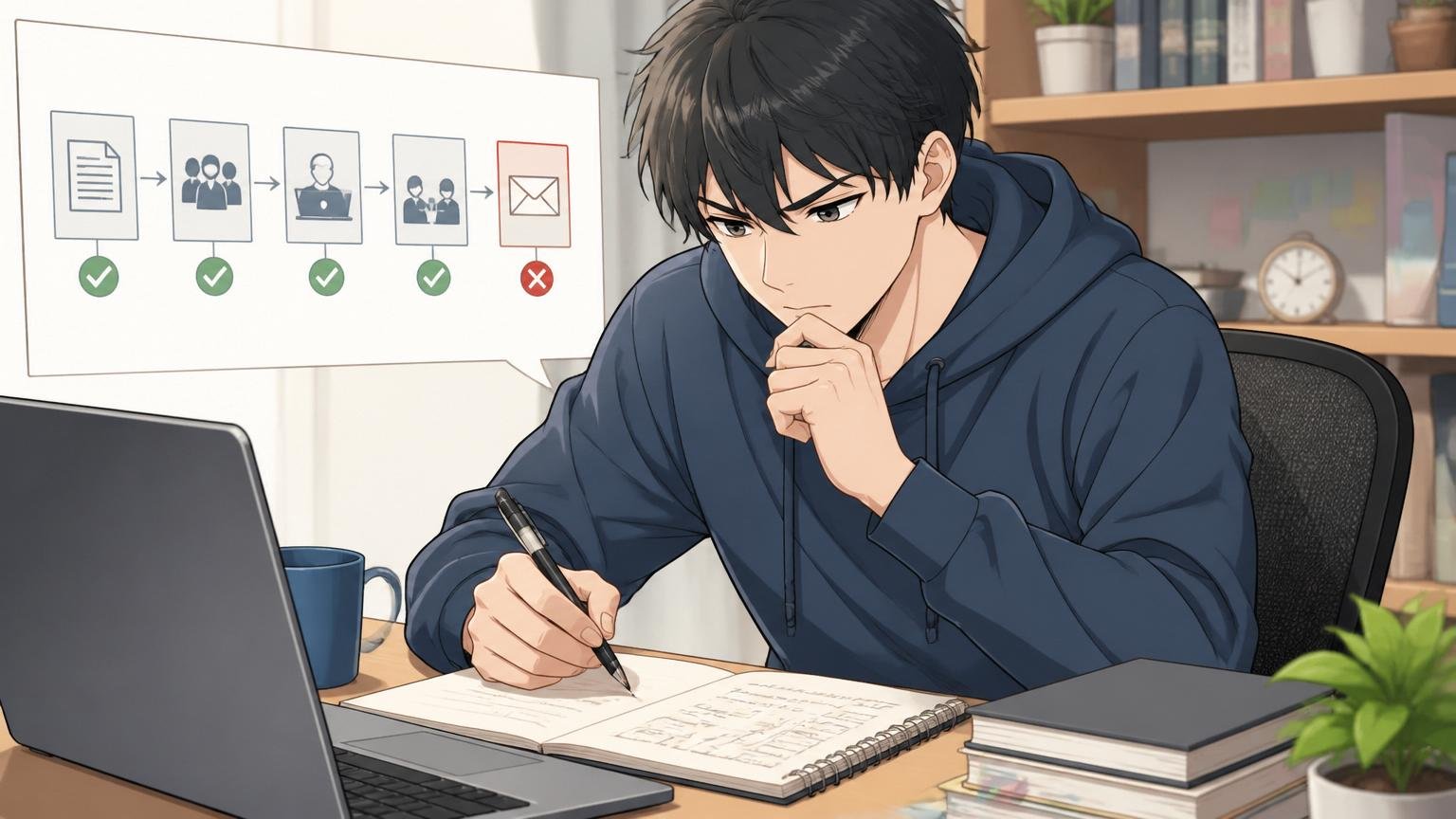 選考フローの図を見ながら自分がどこで落ちたかを振り返るエンジニア。自宅のデスクでメモを取る20代男性が真剣な表情