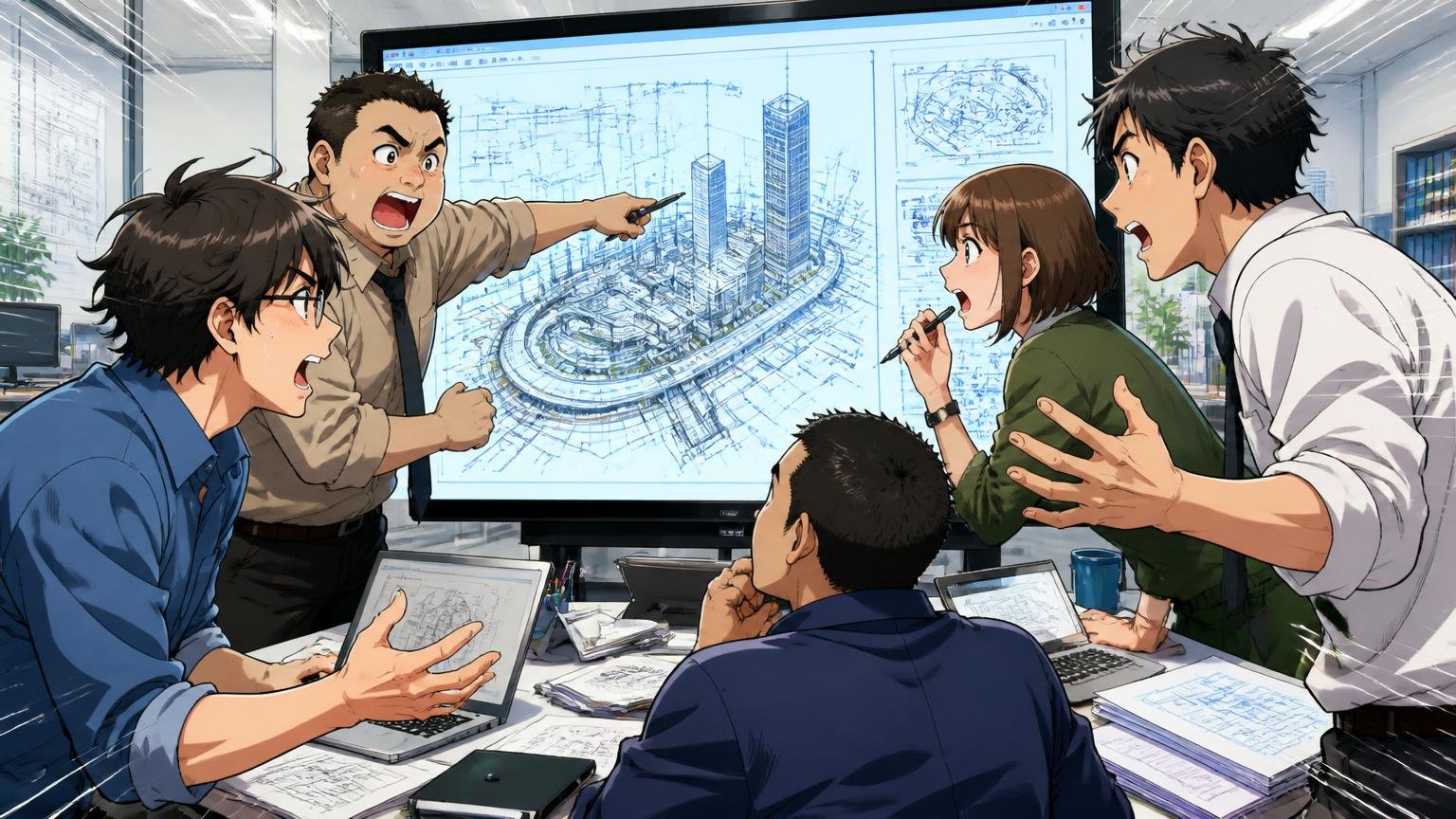 提案の幅と案件規模。SIerのオフィスで複数エンジニアが大型モニタの設計図を囲み熱く議論