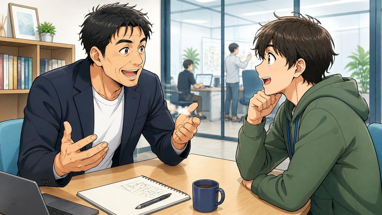 社員のリアルな声から見える社風 オフィスの面談スペースで向き合う上司と若手エンジニアの2人