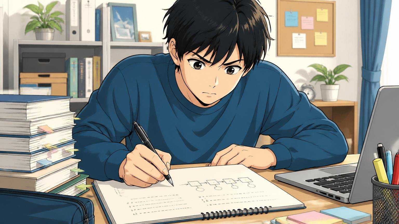 選考フローを確認 自宅デスクで選考の流れをノートに書き出す就活生1人、真剣な表情