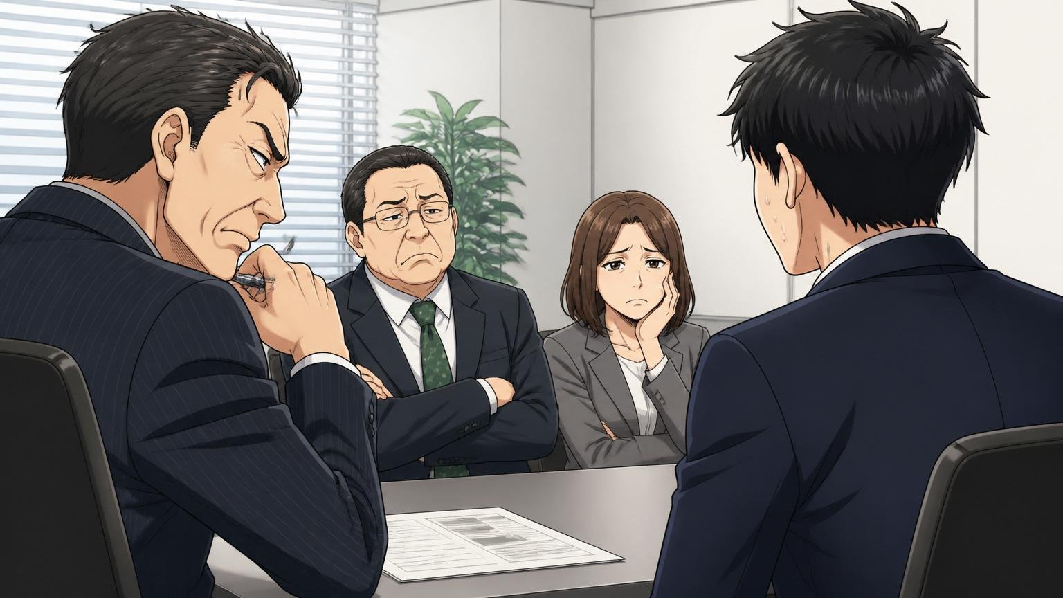 求める人物像とのズレが落ちる原因。会議室の面接で向き合う面接官と応募者の男性