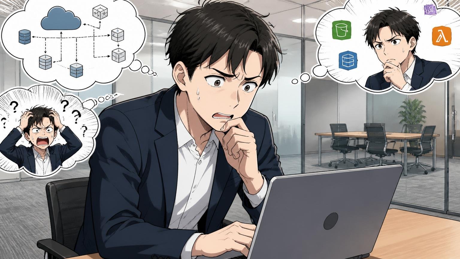 技術面接で落ちた場合はAWSの基礎理解と深掘り耐性、クラウド企業の会議室でオンライン面接を受けるエンジニア1人が緊張した表情