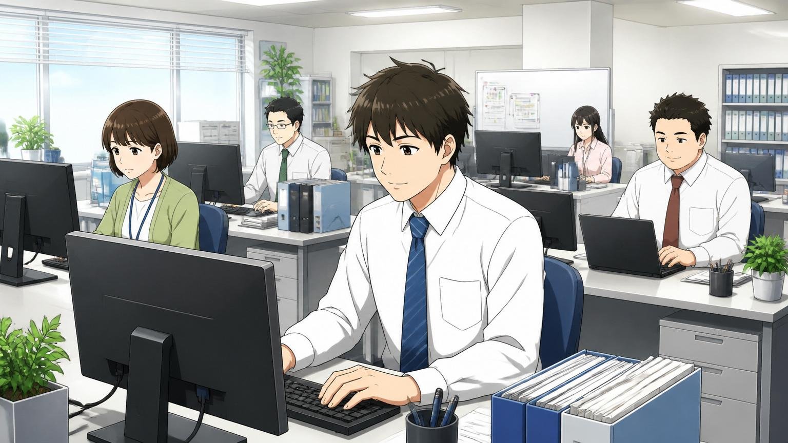 SIerのオフィスで、まじめで穏やかな雰囲気の社員たちが落ち着いた表情でデスク業務をしている