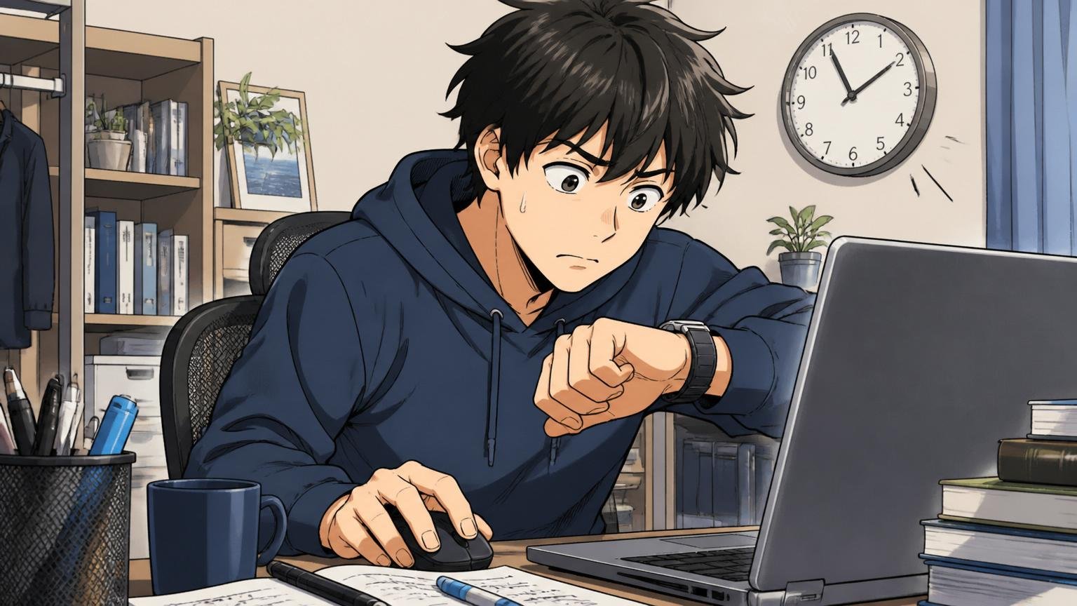 自宅のデスクでWeb適性検査に集中して取り組む20代エンジニア、画面を見つめ時計を気にする様子