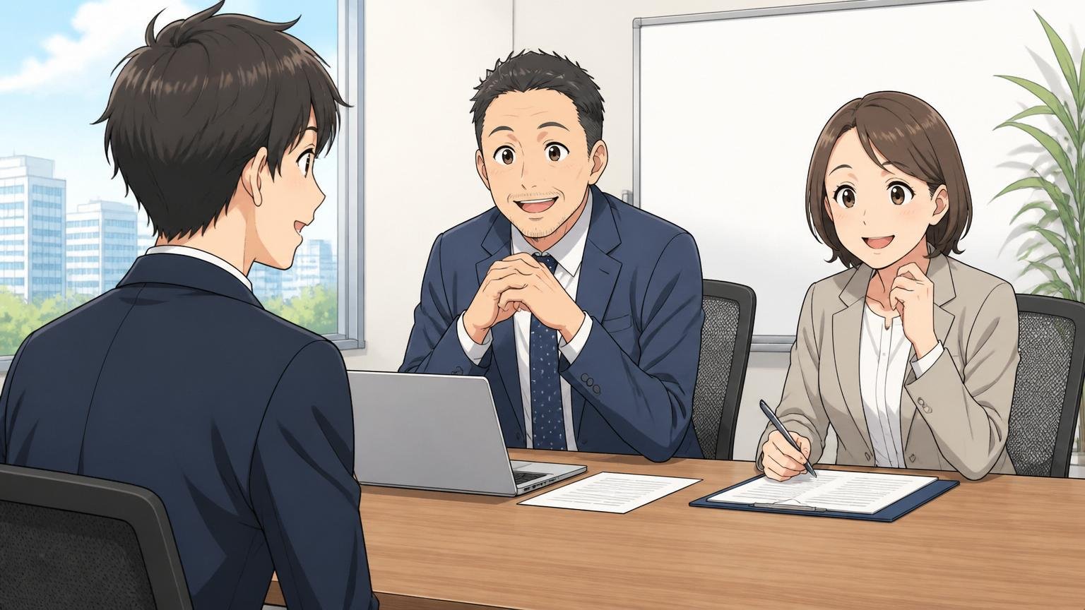 口コミでわかる選考の実態、企業の会議室で面接を受ける応募者と穏やかな表情の面接官2人のなごやかな面談シーン