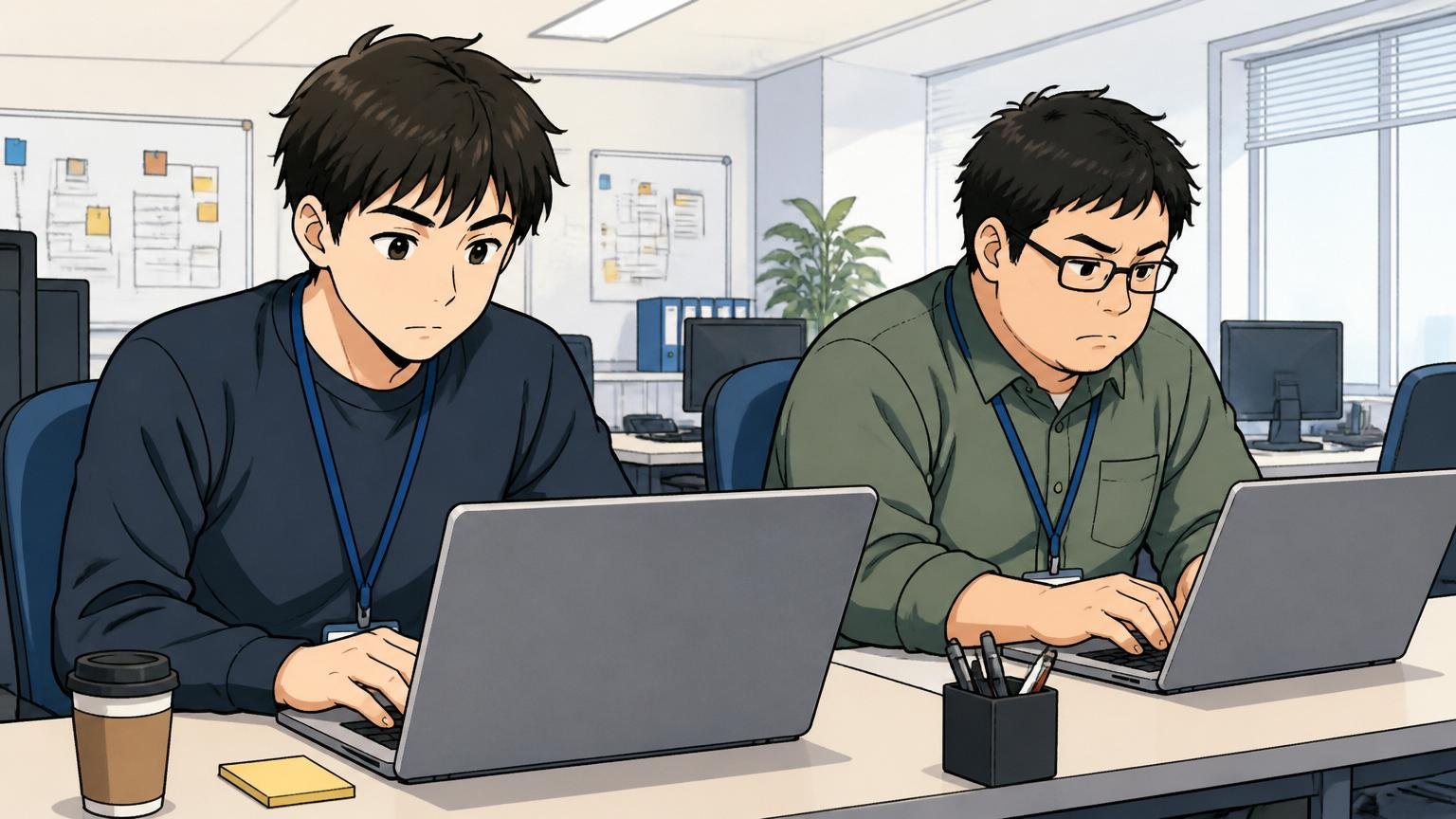 客先企業のオフィスに常駐して働くIT検証エンジニア2人、ノートPCに向かい黙々と作業する落ち着いた表情