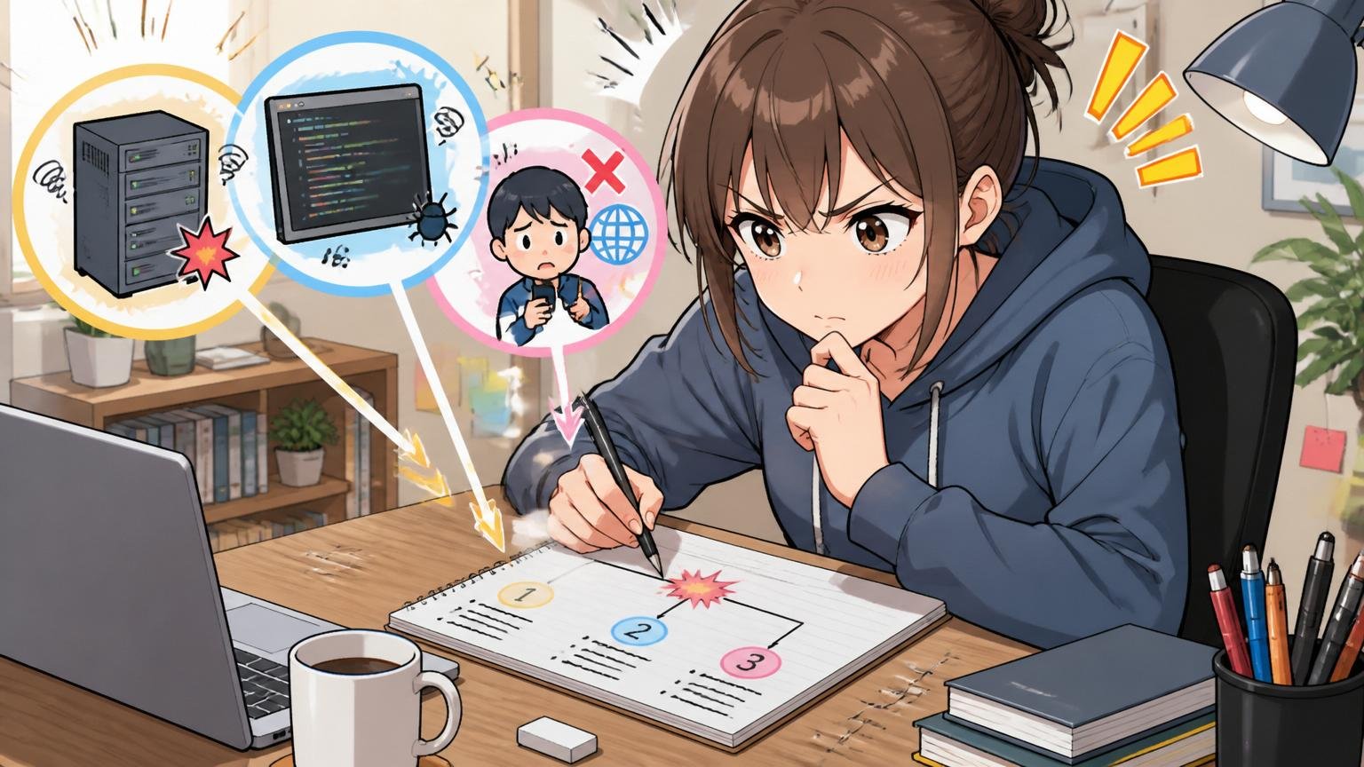 落ちた原因を3つに分類して考えるエンジニア、自宅のデスクでノートに書き出して整理する1人の女性
