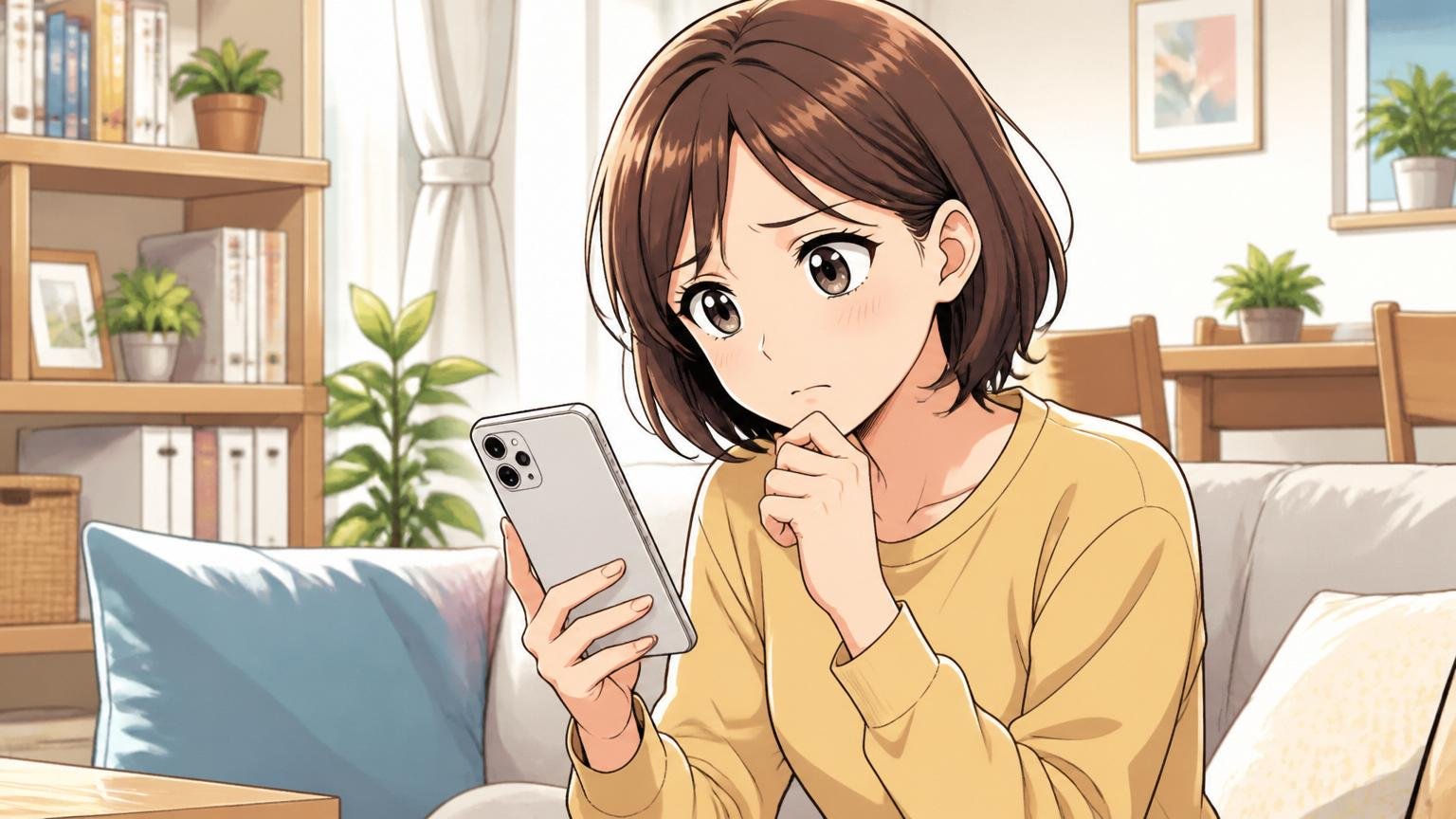 会社の口コミサイトをスマホで確認する転職検討中の女性、自宅の明るいリビング、1人、画面を見て考え込む表情