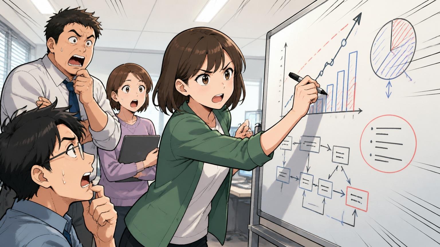 SIerの開発現場でホワイトボードにグラフを書きながら短時間で結論をまとめようとする女性エンジニアの場面