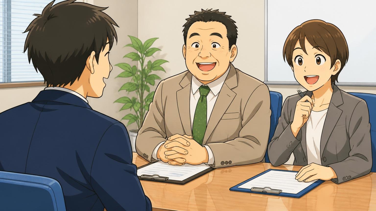 選考は学力でふるい落とすタイプではない、企業の会議室で面接を受ける応募者と面接官2人、和やかな表情