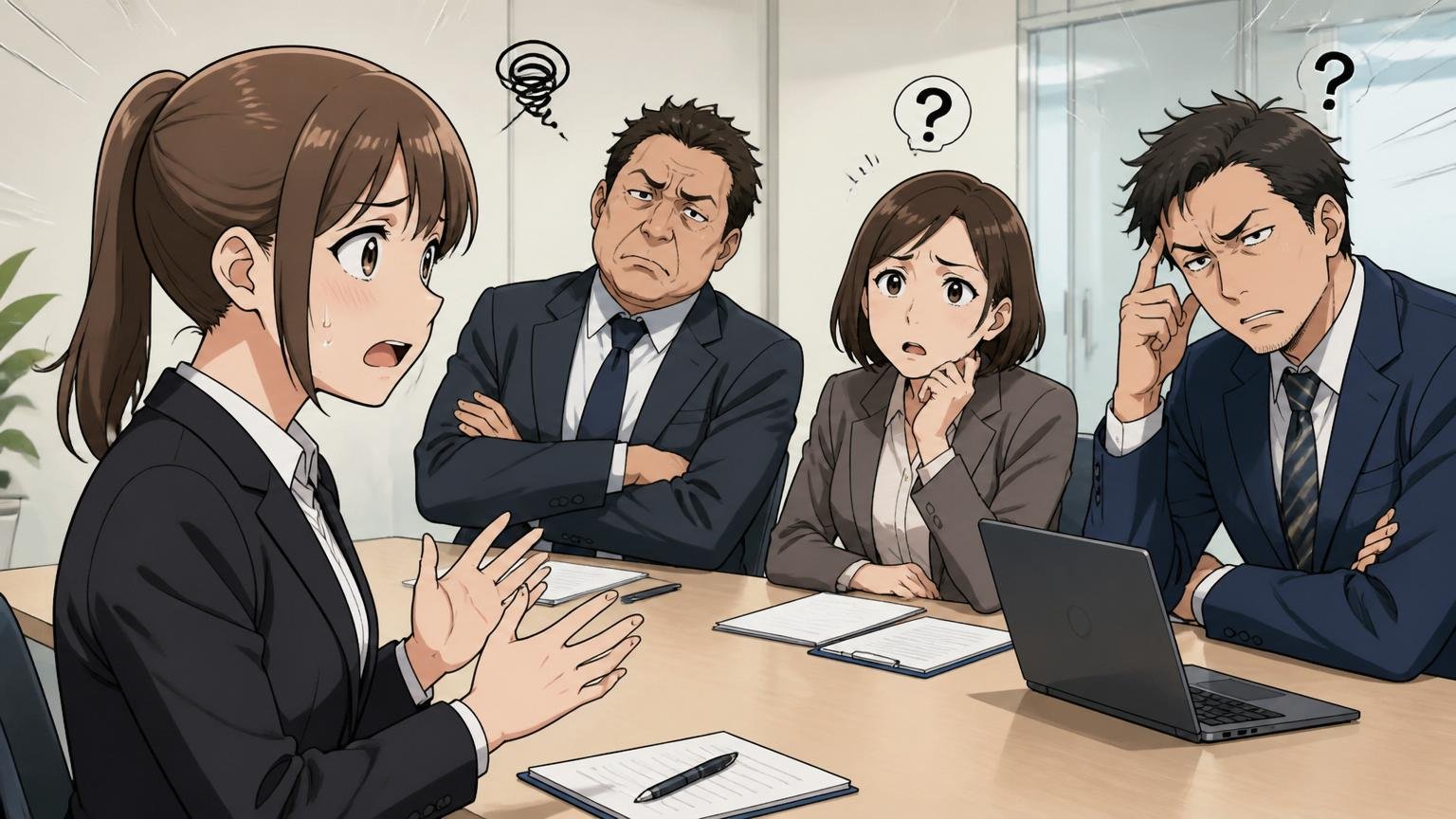 志望動機とキャリアの軸が伝わらない。企業の会議室で面接、20代女性が緊張した表情で話す場面