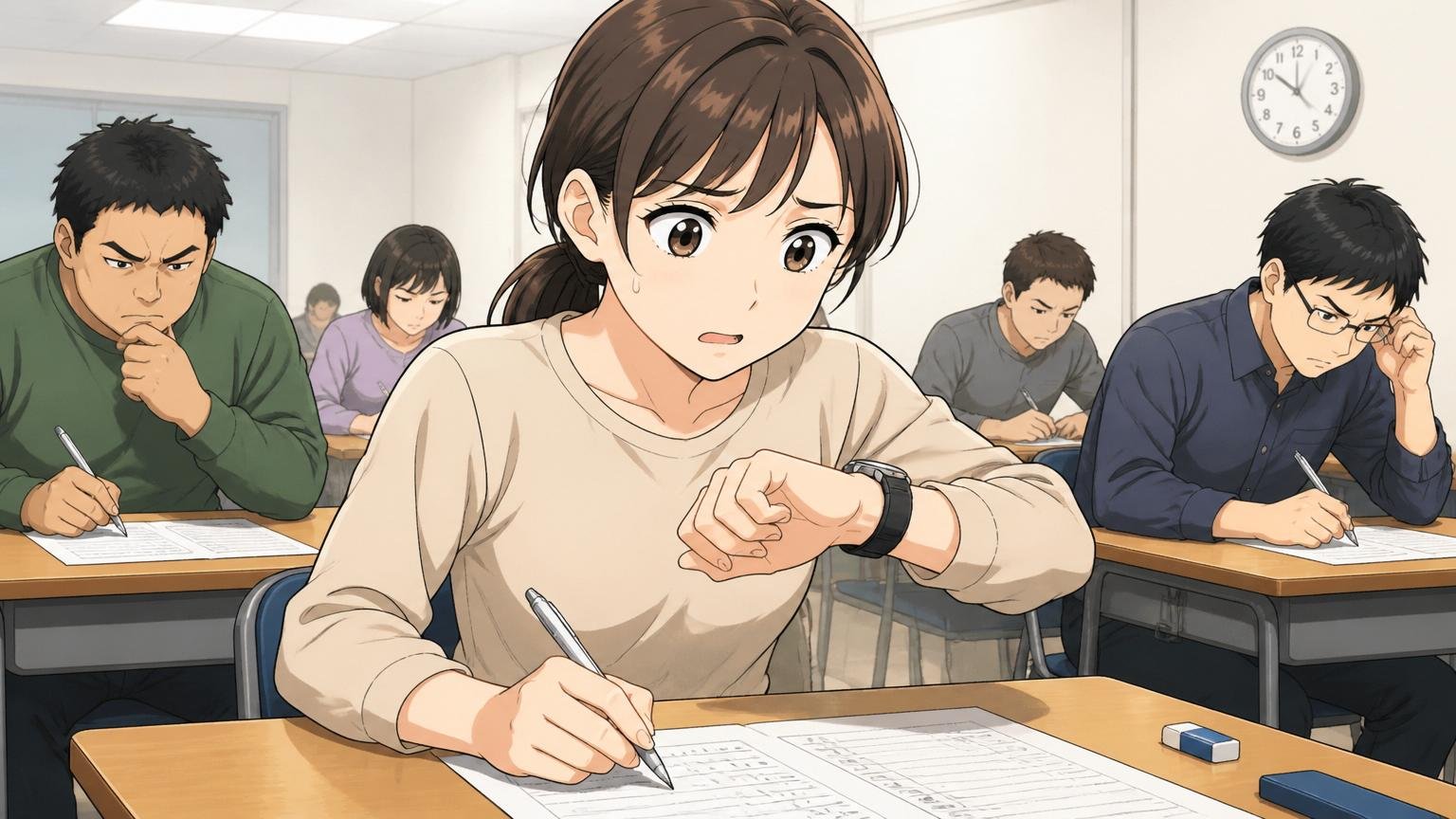 試験会場のような静かな部屋で適性検査の問題に向かう20代女性、時計を気にする表情