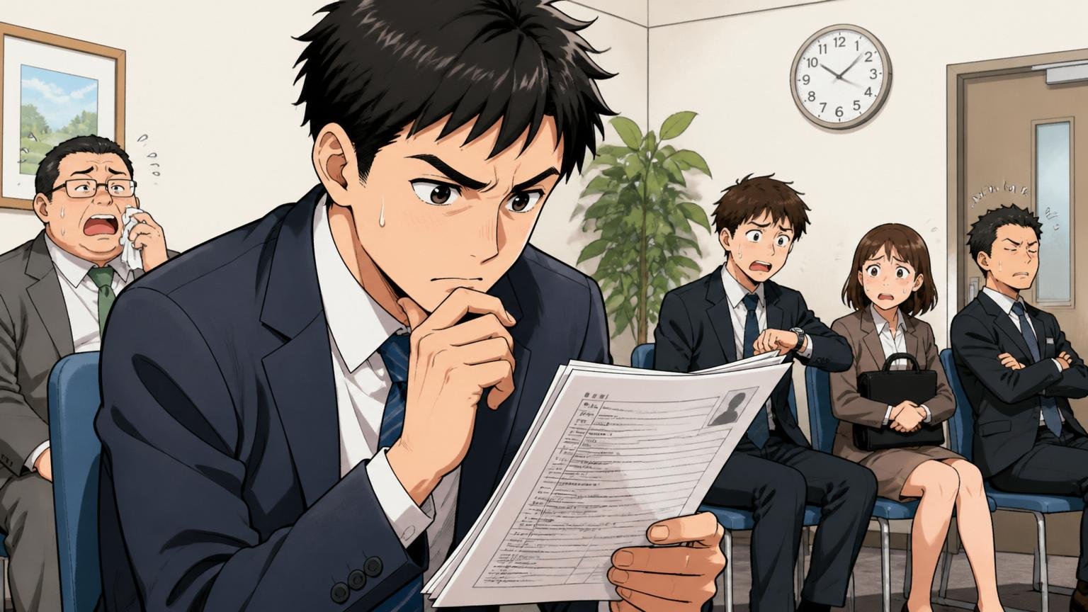 段階別の落ちた原因と対策。面接控室で職務経歴書を見直す30代エンジニア、真剣な表情