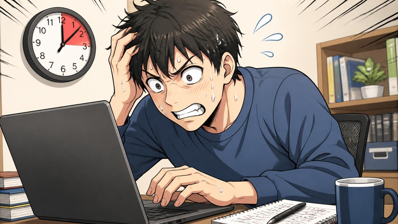 Webテスト・玉手箱で落ちる｜対策不足という落とし穴。自宅PCの前でWebテストに苦戦する男性、制限時間に焦る表情