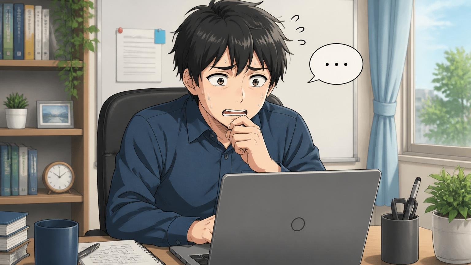 オンライン面接で志望動機に言葉が詰まるエンジニア、自宅のデスクでノートPC越しに面接中、1人、緊張で硬い表情